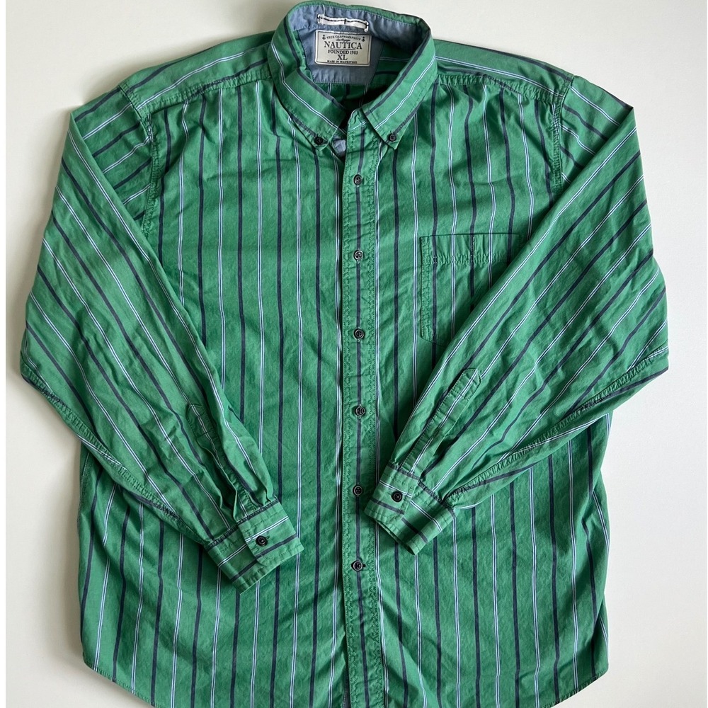 Nautica Mens XL Green Striped Long Sleeve Button Down Shirt Cotton Blend